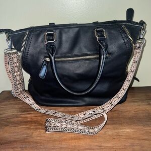 Moda Luxe Black Bag with Tan Patterned Strap